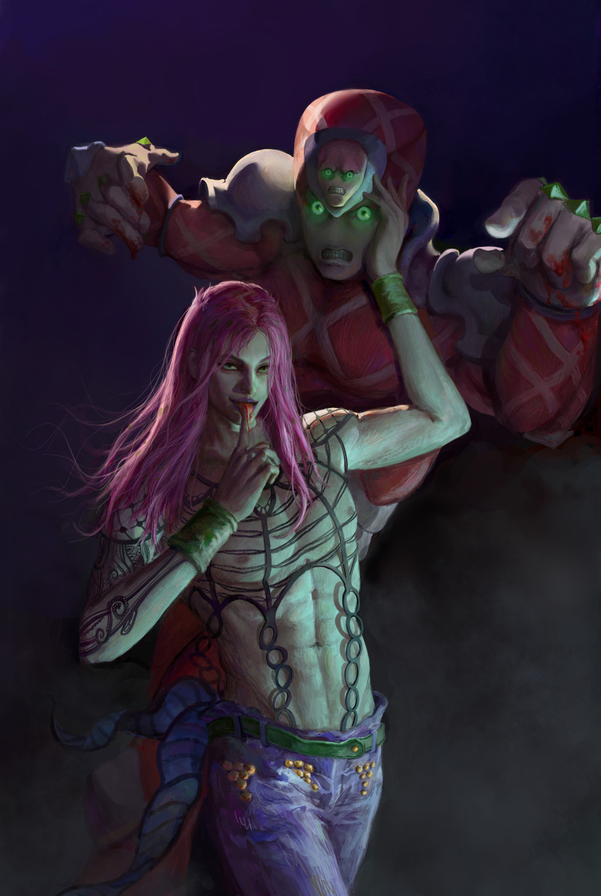 1boy abs absurdres bad_link bare_shoulders belt blood blood_on_hands clenched_teeth diavolo highres jojo_no_kimyou_na_bouken king_crimson_(stand) long_hair navel nipples open_mouth pink_hair smile solo standing teeth tongue tongue_out topless_male yizheli