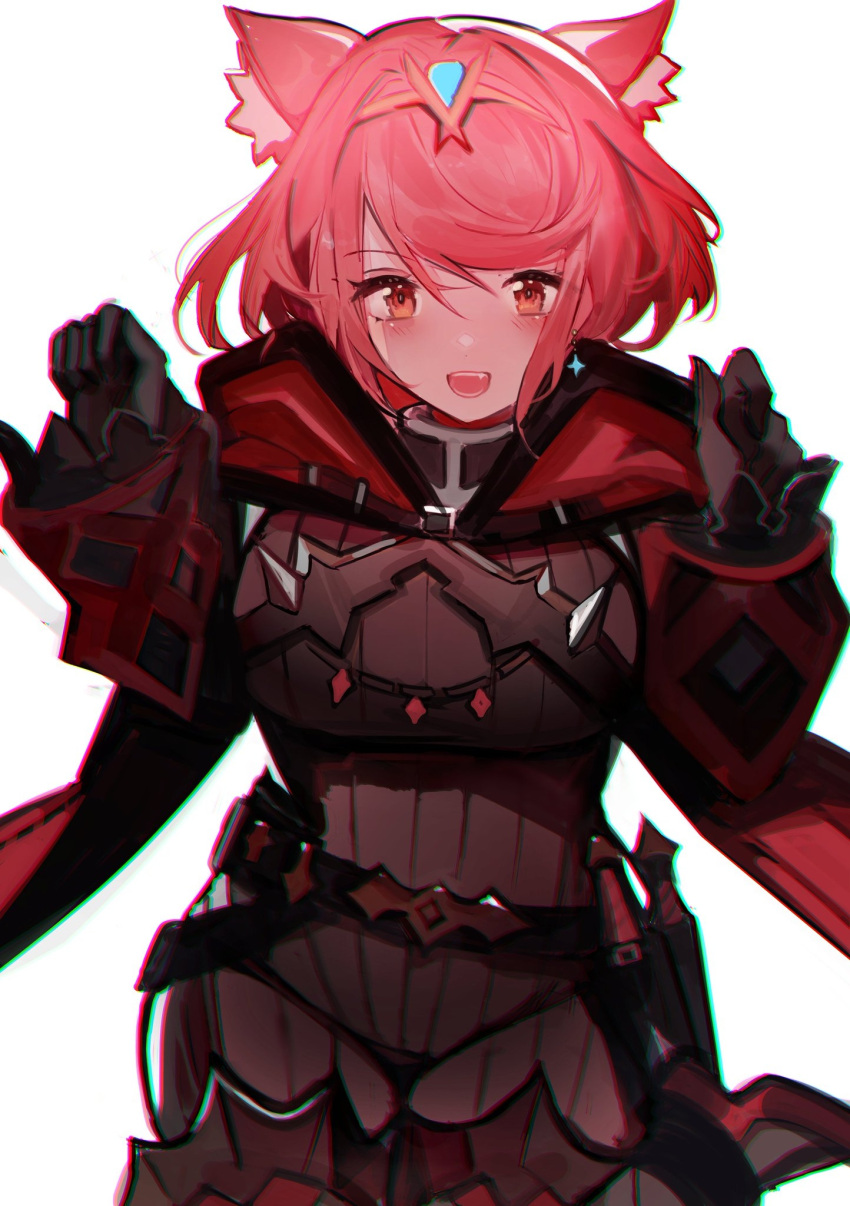 1girl alternate_costume animal_ear_fluff animal_ears bangs belt blush breasts cape cat_ears gloves highres long_sleeves looking_at_viewer open_mouth pyra_(xenoblade) red_eyes redhead simple_background skin_tight smile solo sword tarbo_(exxxpiation) weapon white_background xenoblade_chronicles_(series) xenoblade_chronicles_2