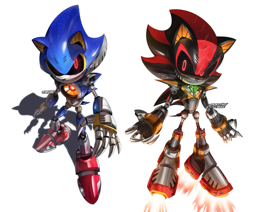 2others blue_skin chaos_emerald claws colored_skin commentary english_commentary fire flying highres mecha metal_shadow metal_sonic multiple_others red_eyes red_skin robot rocket shadow snartles sonic_(series)