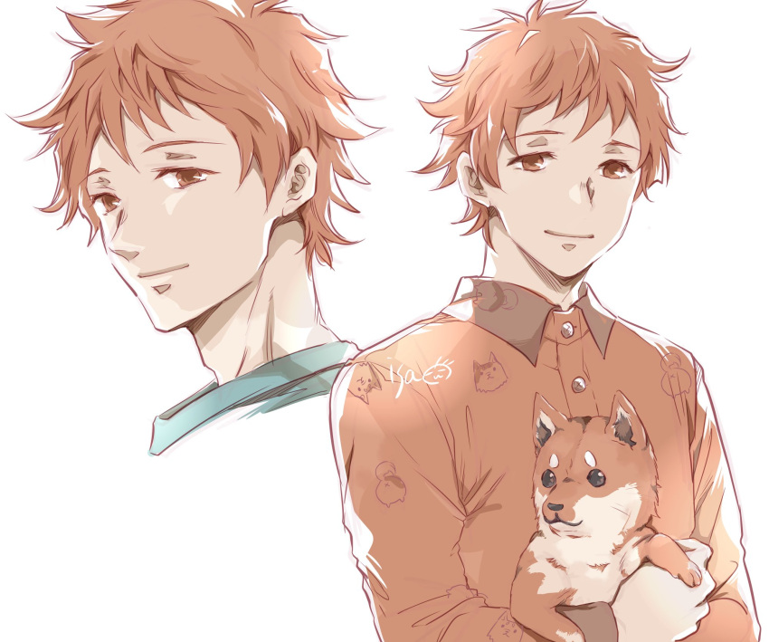 1boy animal artist_name bangs brown_eyes brown_hair brown_shirt closed_mouth collared_shirt commentary_request dog etra-chan_wa_mita! highres holding holding_animal holding_dog isa_(chiyo-s) katsura_(etra-chan_wa_mita!) long_sleeves looking_at_viewer male_focus multiple_views portrait shirt short_hair simple_background smile upper_body watermark white_background