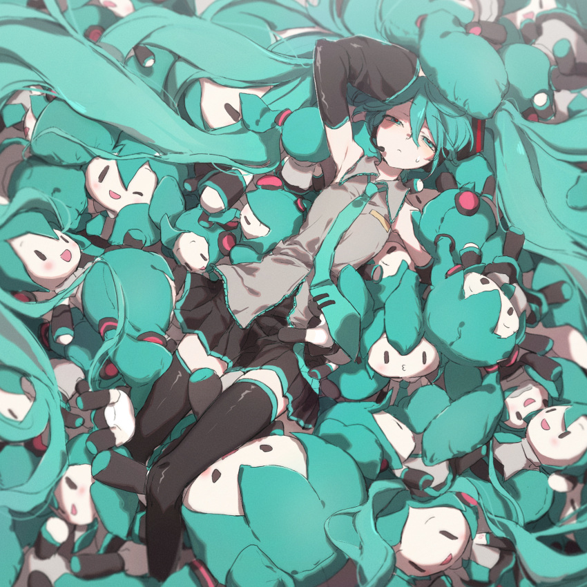 1girl absurdres aqua_eyes aqua_hair aqua_necktie bangs black_skirt black_thighhighs character_doll collared_shirt detached_sleeves diandong_xiao_feng_shan feet_out_of_frame from_above grey_shirt hair_between_eyes hair_spread_out half-closed_eyes hatsune_miku headset highres knee_up long_hair looking_at_viewer looking_up lying necktie on_back red_pupils shirt skirt sleeveless sleeveless_shirt solo sweatdrop thigh-highs too_many_dolls twintails vocaloid