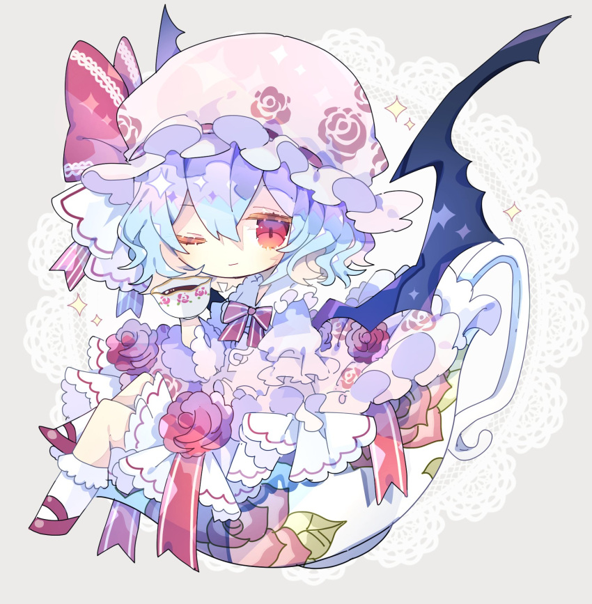 1girl bat_wings black_wings closed_mouth cup dress flower frilled_sleeves frills full_body grey_background hair_between_eyes hat highres holding holding_cup light_purple_hair mob_cap nikorashi-ka one_eye_closed pink_dress pink_headwear red_eyes red_flower red_footwear remilia_scarlet shoes short_hair short_sleeves socks solo sparkle touhou white_socks wings