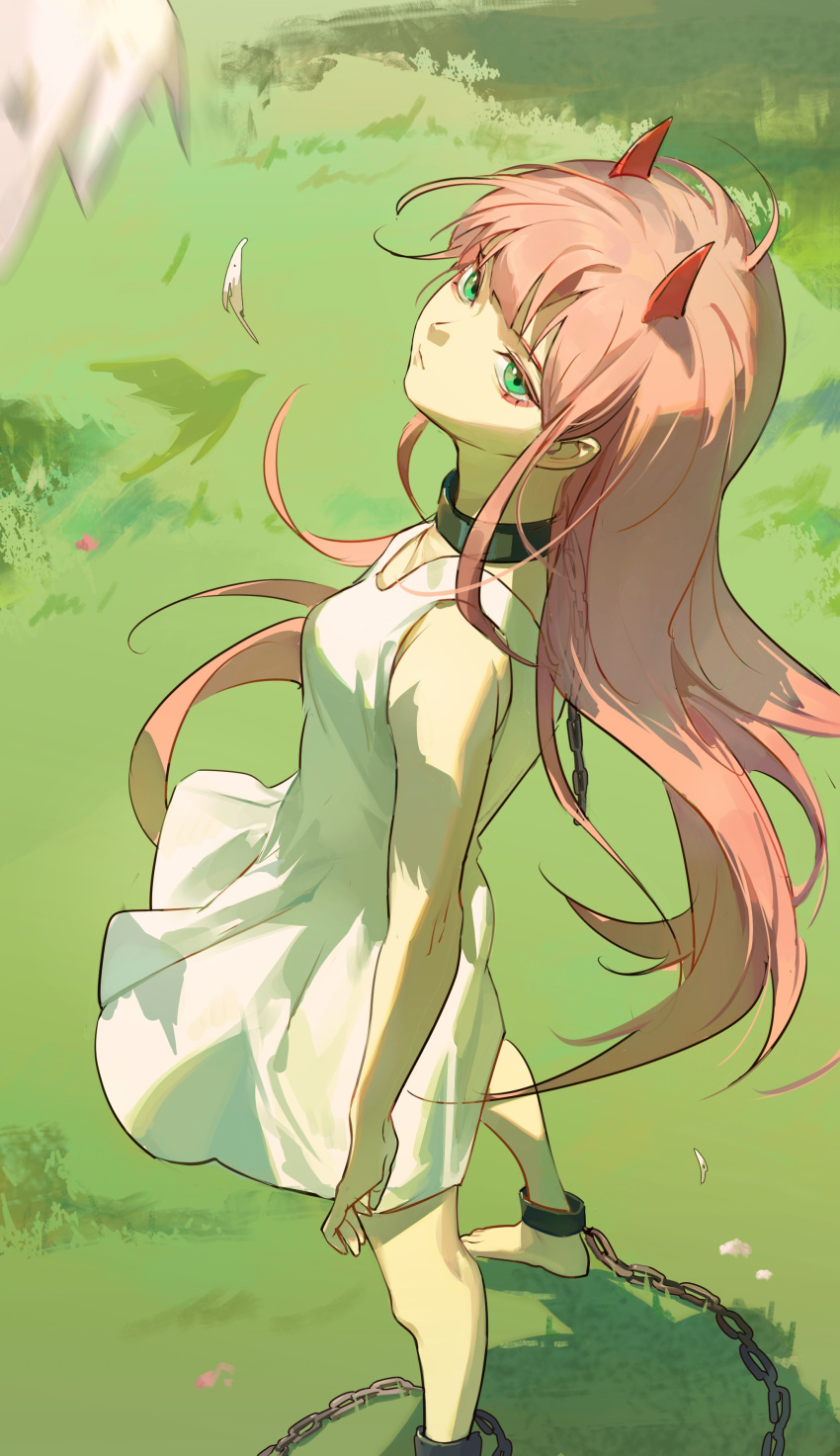 1girl absurdres ankle_cuffs arms_at_sides bangs bare_arms bare_shoulders barefoot black_choker black_collar broken broken_chain chain chinese_commentary choker collar collar_chain commentary_request darling_in_the_franxx day demon_horns dress expressionless falling_feathers floating_hair foot_out_of_frame from_above grass green_eyes highres horns long_hair looking_at_viewer looking_up motion_blur outdoors pink_hair red_horns shadow sleeveless sleeveless_dress solo standing sundress white_dress wind zero_two_(darling_in_the_franxx) zhongmu