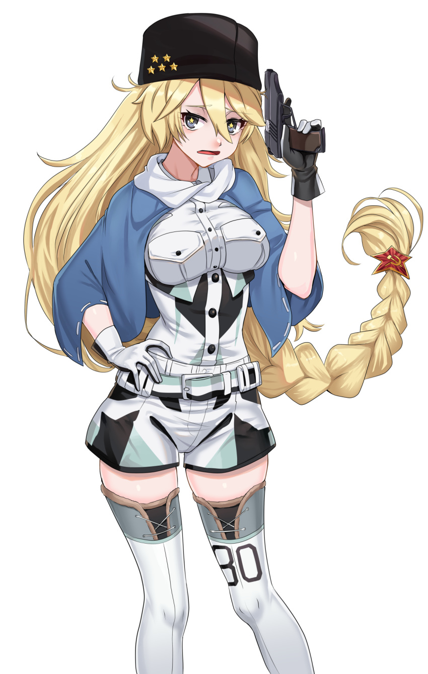 1girl black_headwear blonde_hair blue_eyes blue_shawl braid breast_pocket breasts commission cosplay fur_hat gambier_bay_(kancolle) gambier_bay_(kancolle)_(cosplay) gloves gun handgun hat highres holding holding_gun holding_weapon kantai_collection large_breasts long_braid long_hair multicolored_clothes multicolored_gloves nico-mo original papakha personification pocket shawl shorts single_braid solo star-shaped_pupils star_(symbol) symbol-shaped_pupils thigh-highs uss_petrof_bay_(cve-80) very_long_hair weapon