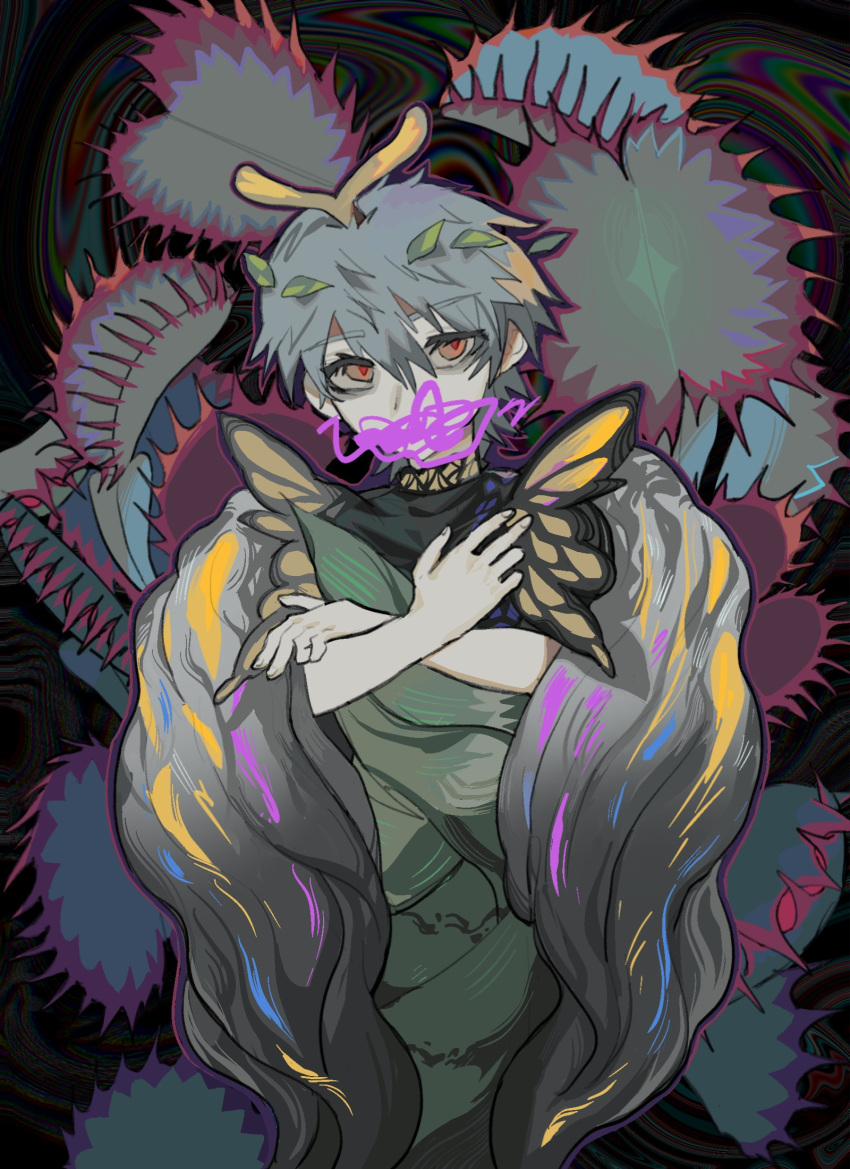 1girl antennae aqua_hair carnivorous_plant covered_mouth distortion dress eternity_larva fairy green_dress hair_between_eyes highres leaf leaf_on_head multicolored_clothes multicolored_dress red_eyes shiye_hong short_hair short_sleeves solo touhou