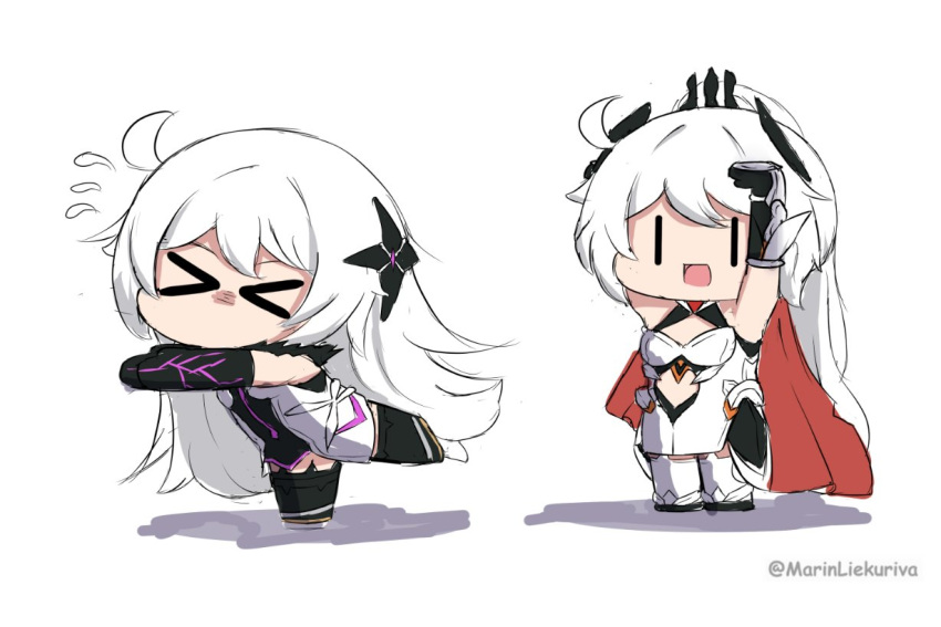 &gt;_&lt; 2girls ahoge black_gloves black_thighhighs cape chibi dual_persona flying_sweatdrops gloves hair_ornament honkai_(series) honkai_impact_3rd kiana_kaslana kiana_kaslana_(herrscher_of_flamescion) kiana_kaslana_(herrscher_of_the_void) long_hair lycoris_recoil marin_liekuriva_(mmliku) meme multiple_girls open_mouth sakana~_(meme) thigh-highs very_long_hair white_hair white_thighhighs |_|