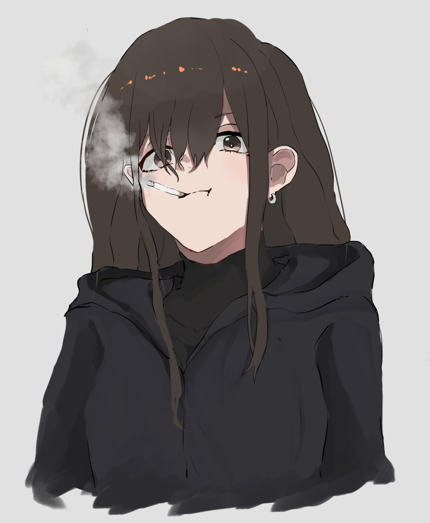 1girl absurdres brown_eyes brown_hair cigarette earrings highres hood hoodie jewelry long_hair mole mole_under_eye original pikuson simple_background smoking solo upper_body