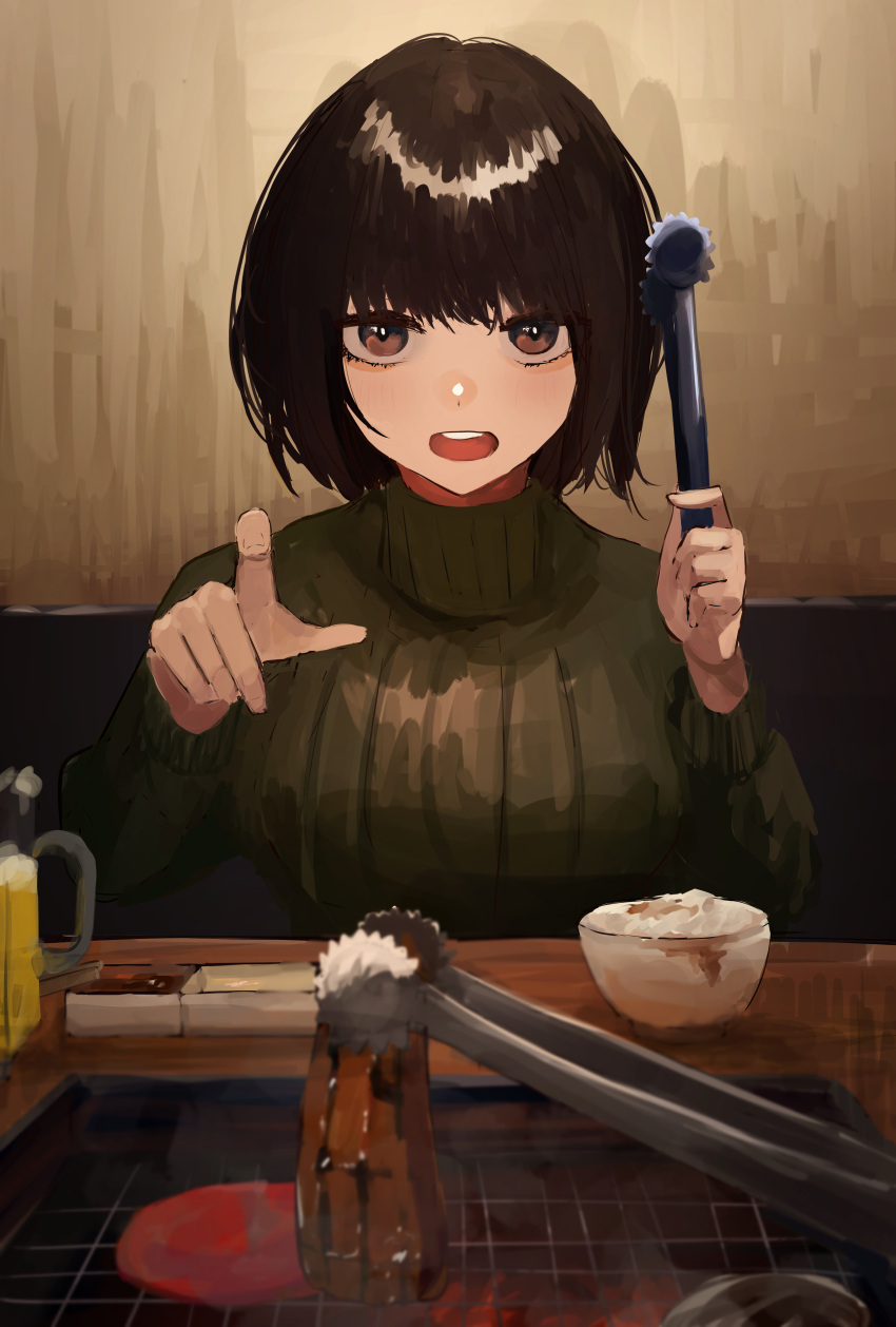 1girl absurdres alcohol beer black_hair bob_cut brown_eyes food grill highres indoors looking_at_viewer meat medium_hair original pikuson pointing pov ribbed_sweater sweater tongs turtleneck turtleneck_sweater yakiniku