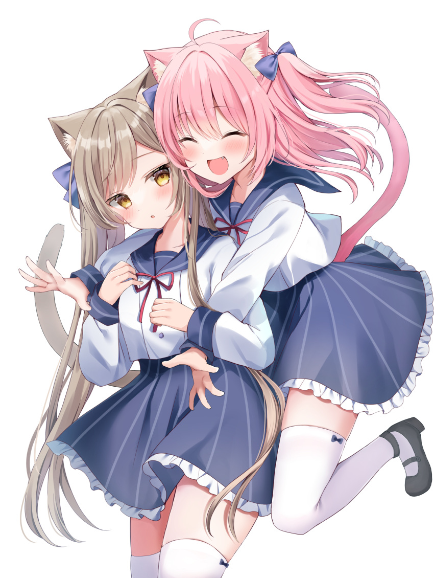 2girls :d :o animal_ears bangs black_footwear blue_bow blue_skirt blush bow cat_ears cat_girl cat_tail closed_eyes collarbone falling fang frilled_skirt frills hair_bow hamico highres hug hug_from_behind light_brown_hair long_hair long_sleeves looking_at_another multiple_girls neck_ribbon open_mouth original pink_hair red_ribbon ribbon school_uniform serafuku shiny shiny_hair shirt shoes sidelocks simple_background skirt smile swept_bangs tail thigh-highs twintails white_background white_shirt white_thighhighs yellow_eyes