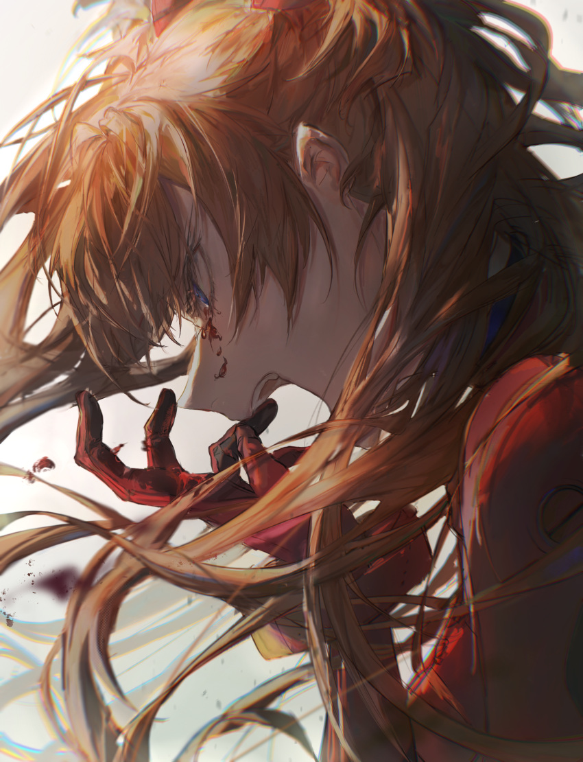 1girl absurdres angry bangs blood blood_on_face blue_eyes bodysuit close-up floating_hair from_side hair_between_eyes hand_up highres interface_headset long_hair looking_ahead neon_genesis_evangelion open_mouth orange_hair plugsuit portrait profile red_bodysuit simple_background solo souryuu_asuka_langley two_side_up vkook200507 white_background