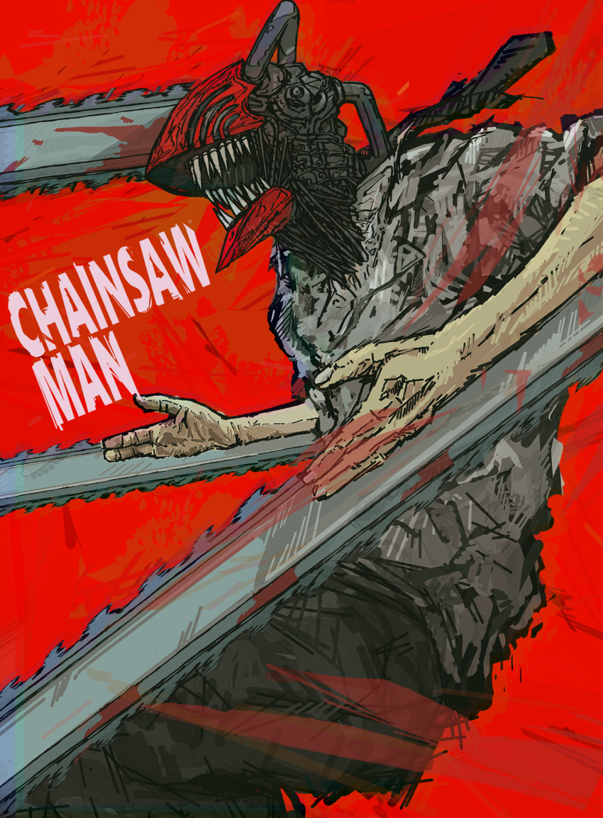 1boy absurdres black_necktie blood blood_on_weapon chainsaw chainsaw_man copyright_name denji_(chainsaw_man) floating_necktie highres hybrid necktie open_mouth red_background sharp_teeth shirt simple_background solo teeth torn_clothes tumubar117 weapon white_shirt