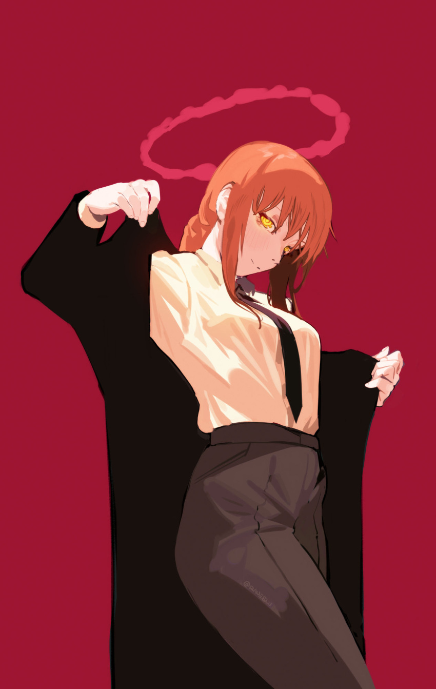 1girl black_coat black_necktie black_pants chainsaw_man coat collared_shirt formal halo highres holding holding_clothes holding_coat looking_at_viewer makima_(chainsaw_man) medium_hair necktie pants raneblu red_background red_halo redhead ringed_eyes shirt shirt_tucked_in sidelocks simple_background smile solo suit white_shirt yellow_eyes