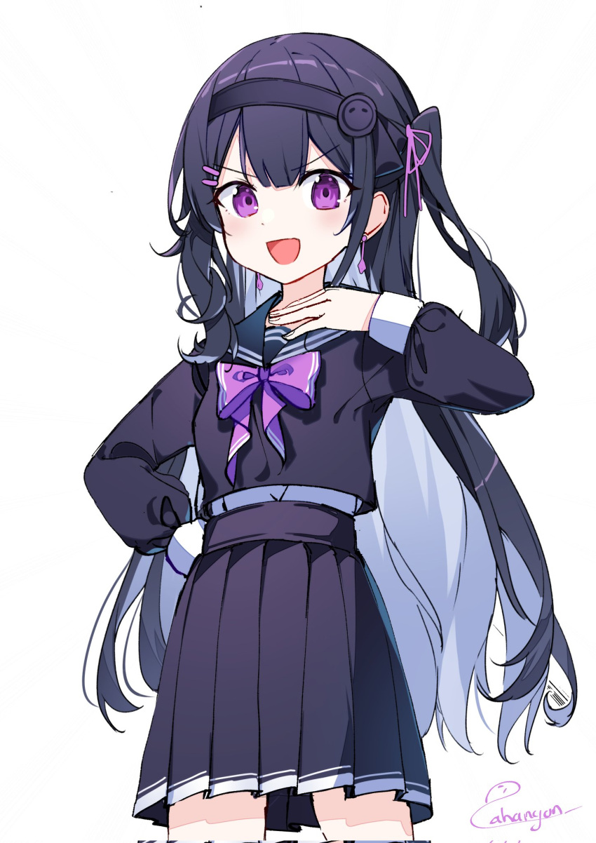 1girl bangs bright_pupils dress hair_ornament highres long_hair long_sleeves looking_at_viewer open_mouth original ribbon school_uniform shiroi_ou simple_background smile solo upper_body violet_eyes white_background