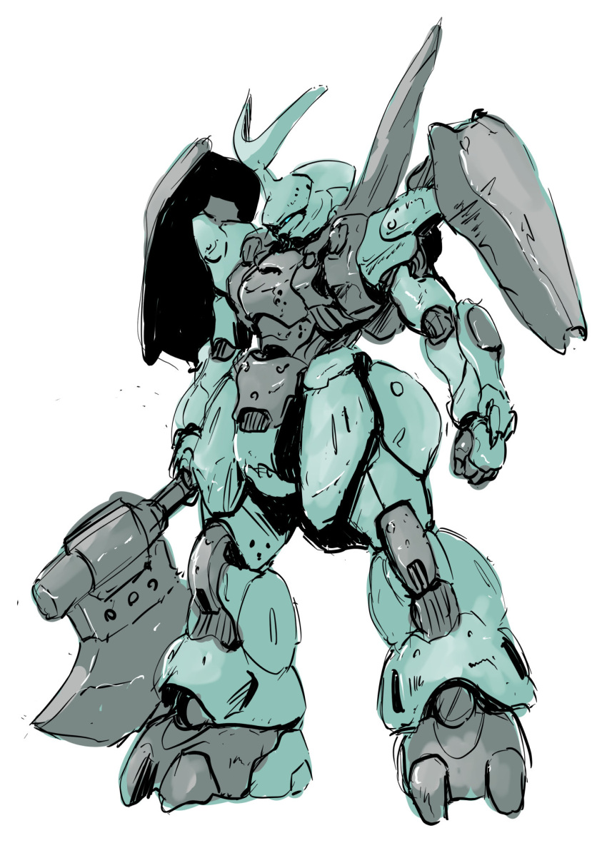 axe blue_eyes clenched_hand dilanza_lauda_custom full_body gatakk gundam gundam_suisei_no_majo highres holding holding_axe mecha no_humans redesign robot science_fiction sketch white_background