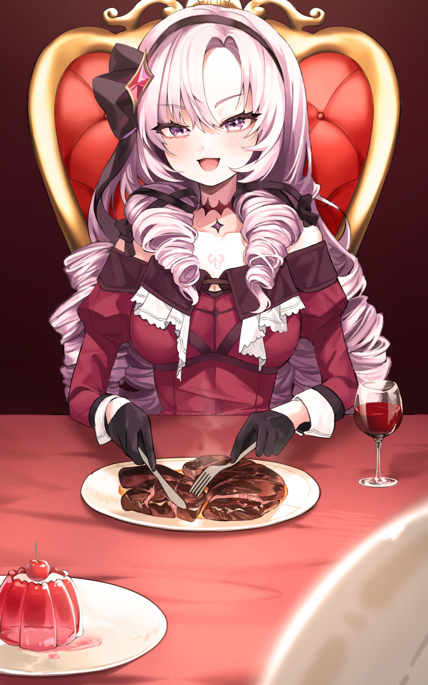 1girl absurdres alcohol bangs bare_shoulders black_choker black_gloves black_hairband black_ribbon blush breasts chair cherry chest_tattoo choker commentary cup dress drill_hair drinking_glass food fork fruit gem gloves hair_ornament hair_ribbon hairband highres holding holding_fork holding_knife hyakumantenbara_salome juliet_sleeves knife long_hair long_sleeves looking_at_viewer medium_breasts nijisanji off-shoulder_dress off_shoulder open_mouth parted_bangs plate pudding puffy_sleeves purple_hair red_dress red_gemstone ribbon scorpion_tattoo sitting smile solo steak table tattoo violet_eyes virtual_youtuber wine wine_glass yuje_kr