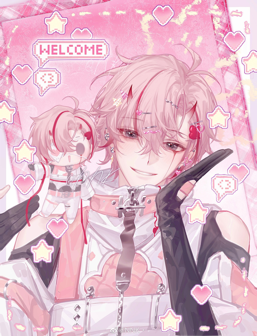 1boy absurdres bishounen black_gloves blush demon demon_boy gloves highres looking_at_another male_focus multicolored_hair nijisanji pink_hair solo streaked_hair tocci_(virtuareal) virtuareal weibo_1765307475