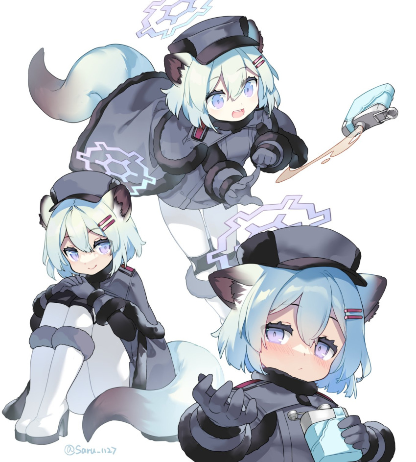 :d animal_ears blue_archive blush boots cape closed_mouth epaulettes fur-trimmed_boots fur-trimmed_cape fur-trimmed_gloves fur_trim gloves green_hair grey_gloves grey_headwear hair_ornament hairclip halo high_heel_boots high_heels highres hip_flask knee_pads looking_at_viewer multiple_views pantyhose saru shigure_(blue_archive) simple_background smile tail violet_eyes white_background white_footwear white_pantyhose
