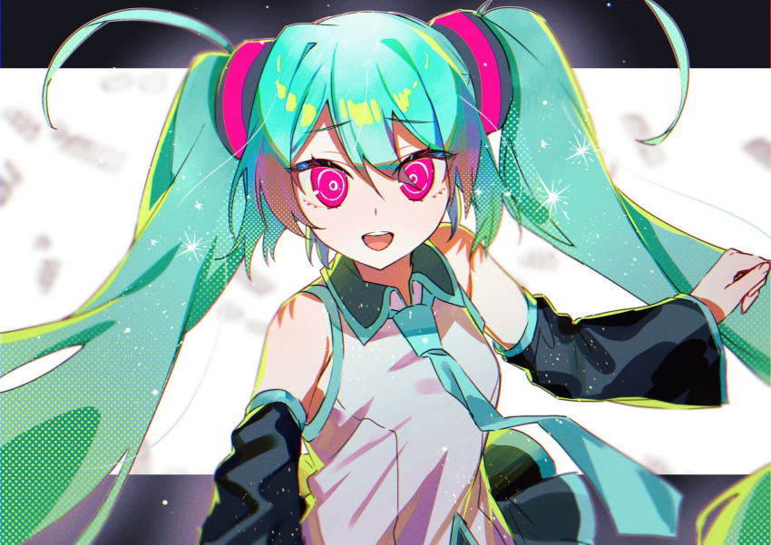 1girl aqua_hair bangs bare_shoulders black_sleeves blue_necktie blurry blurry_background breasts commentary_request detached_sleeves grey_shirt hair_between_eyes hair_ornament hair_over_one_eye hair_strand hands_up hatsune_miku highres long_hair looking_at_viewer necktie open_mouth pink_eyes shadow shirt sleeveless sleeveless_shirt solo sparkle teeth tongue tsuchinoko_(tutituti0125) twintails upper_body upper_teeth very_long_hair vocaloid