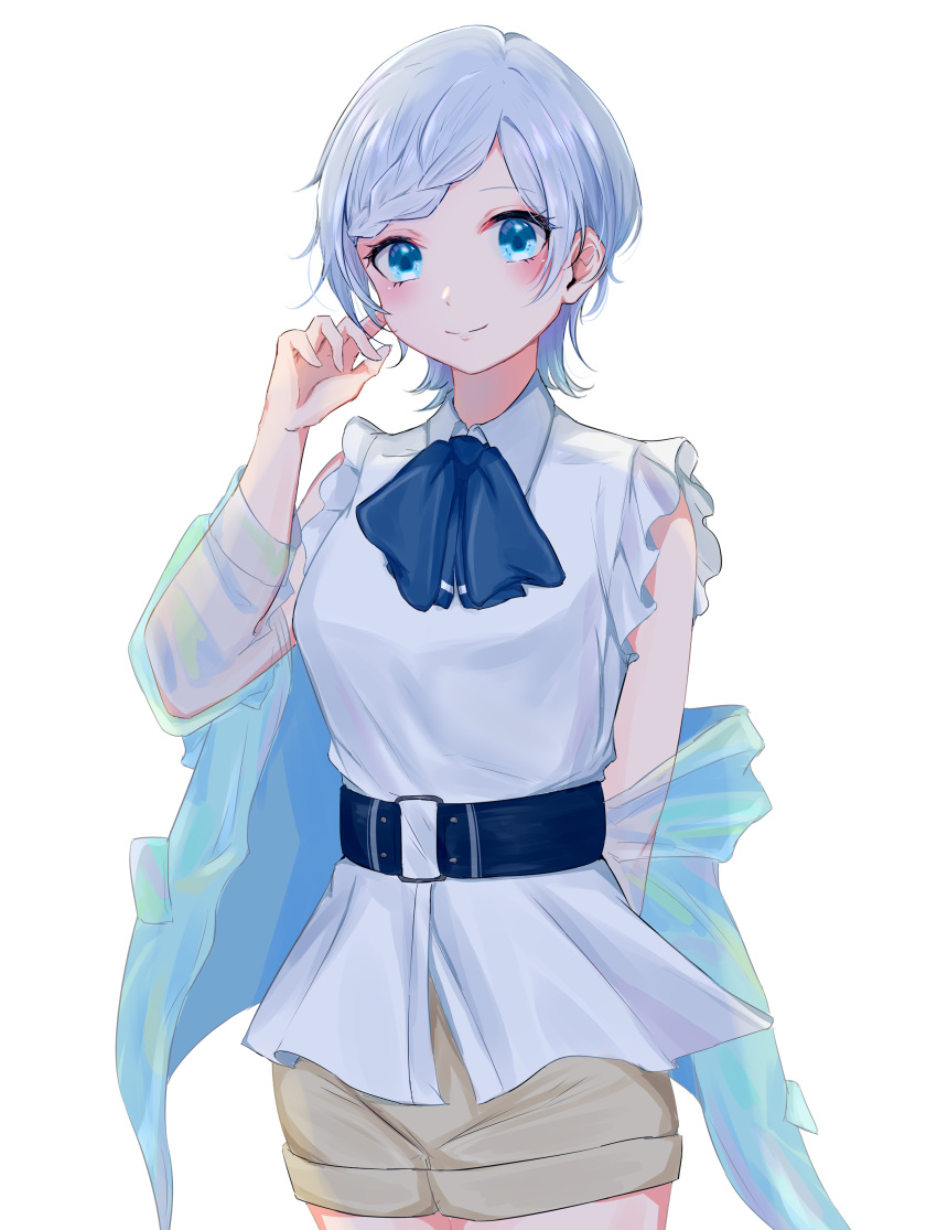 1girl absurdres ascot blue_ascot blue_eyes blush braid brown_shorts grey_hair hand_up highres original see-through see-through_sleeves shirt shorts simple_background sleeveless sleeveless_shirt smile solo standing suna_yaro white_background white_shirt