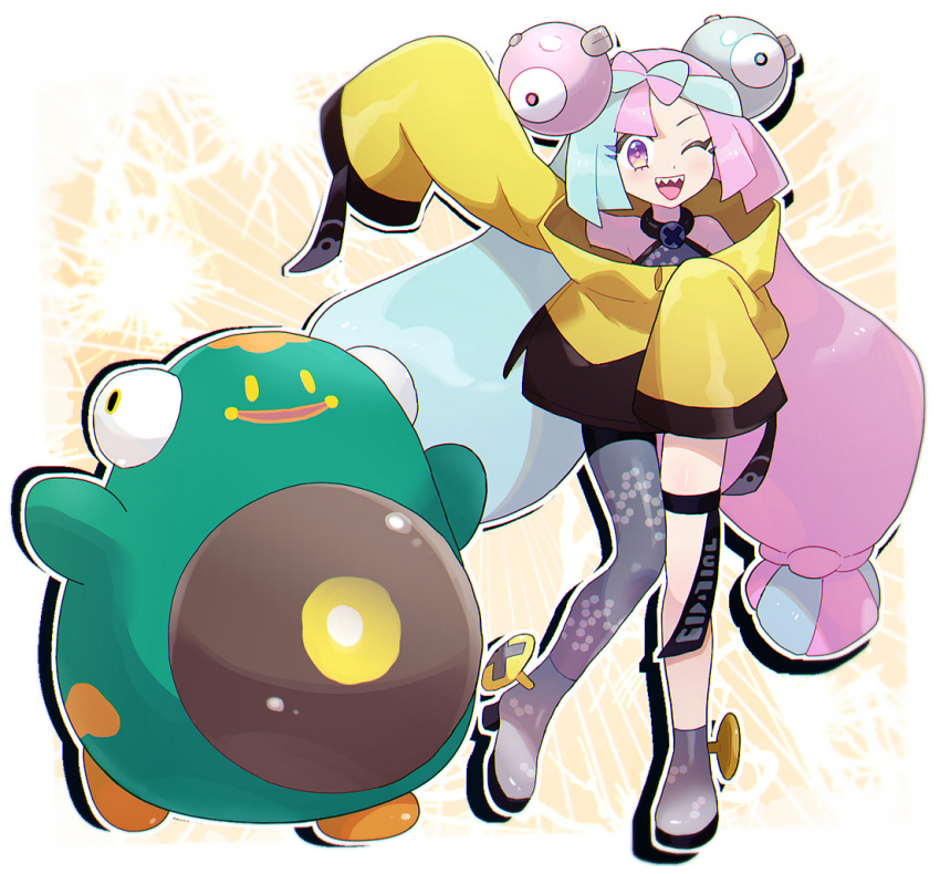 1girl aqua_hair bellibolt character_hair_ornament chiimako colored_skin full_body green_skin hair_ornament iono_(pokemon) jacket long_hair long_sleeves looking_at_viewer multicolored_hair one_eye_closed open_mouth pink_hair pokemon pokemon_(creature) pokemon_(game) pokemon_sv sharp_teeth smile standing teeth twintails two-tone_hair very_long_hair violet_eyes yellow_jacket