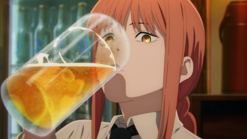 1girl alcohol anime_screencap beer beer_mug chainsaw_man collared_shirt cup drinking highres long_hair makima_(chainsaw_man) mug necktie non-web_source pub redhead shirt solo third-party_edit yellow_eyes