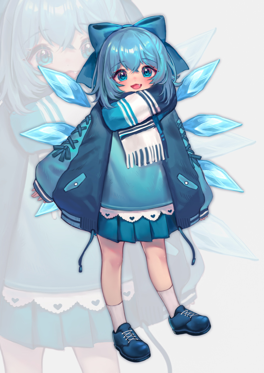 1girl absurdres blue_bow blue_dress blue_eyes blue_footwear blue_hair blue_jacket blush bow cirno dress fairy fang full_body hair_between_eyes hair_bow highres ice ice_wings jacket long_sleeves multiple_views open_mouth qiu_ju scarf shoes short_hair smile socks touhou white_socks wings zoom_layer