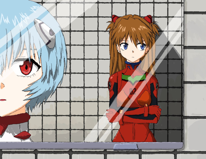 2girls aiu404l ayanami_rei blue_eyes blue_hair bodysuit brown_hair crossed_arms eyebrows_hidden_by_hair mirror multiple_girls neon_genesis_evangelion plugsuit red_bodysuit red_eyes short_hair souryuu_asuka_langley tile_wall tiles