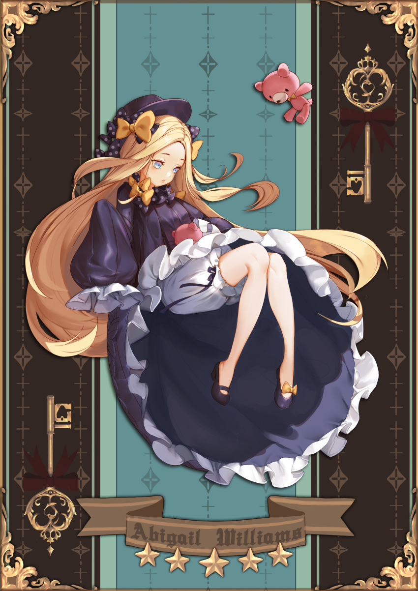 1girl abigail_williams_(fate) absurdres bangs black_bow black_dress black_footwear black_headwear black_ribbon blonde_hair bloomers blue_eyes bow character_name chirlley dress fate/grand_order fate_(series) floating full_body hair_bow highres key long_hair mary_janes multiple_hair_bows no_socks orange_bow parted_bangs parted_lips polka_dot polka_dot_bow ribbon shoes sleeves_past_fingers sleeves_past_wrists solo stuffed_animal stuffed_toy teddy_bear underwear very_long_hair white_bloomers