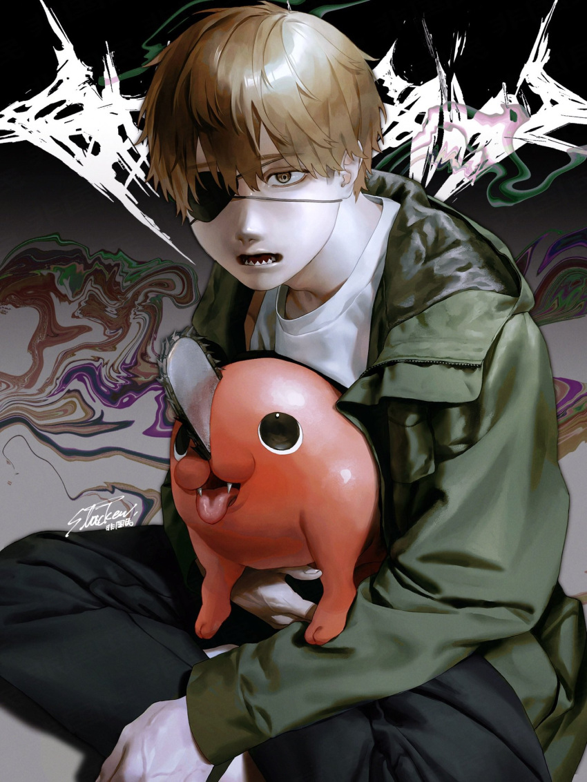 1boy 1other black_pants blonde_hair chainsaw chainsaw_man denji_(chainsaw_man) distortion eyepatch fangs green_hoodie highres hood hoodie indian_style k041800 looking_at_viewer open_mouth pants pochita_(chainsaw_man) sharp_teeth shirt short_hair sitting teeth tongue tongue_out white_shirt yellow_eyes