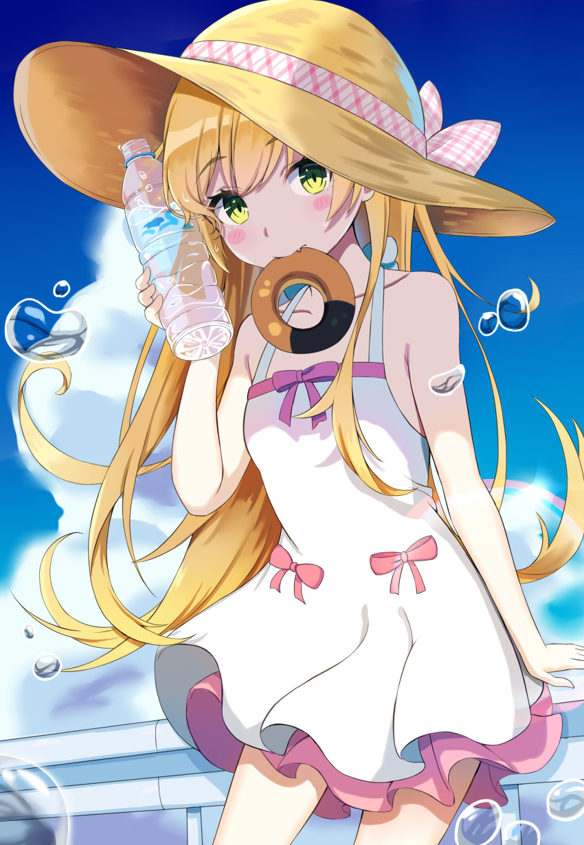 1girl absurdres bakemonogatari blonde_hair blush_stickers bottle bow clouds day doughnut dress fang food hat hat_bow highres holding holding_bottle long_hair looking_at_viewer monogatari_(series) mouth_hold natsuki_(39894119) oshino_shinobu outdoors red_bow sky solo straw_hat very_long_hair water water_bottle white_dress yellow_eyes