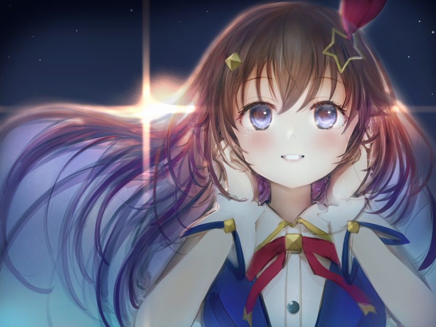 1girl blue_eyes blue_vest brown_hair hair_ornament hands_in_hair highres hololive lens_flare long_hair nanashi_(nlo) sky smile solo star_(sky) star_(symbol) star_hair_ornament starry_sky tokino_sora upper_body vest virtual_youtuber wrist_cuffs