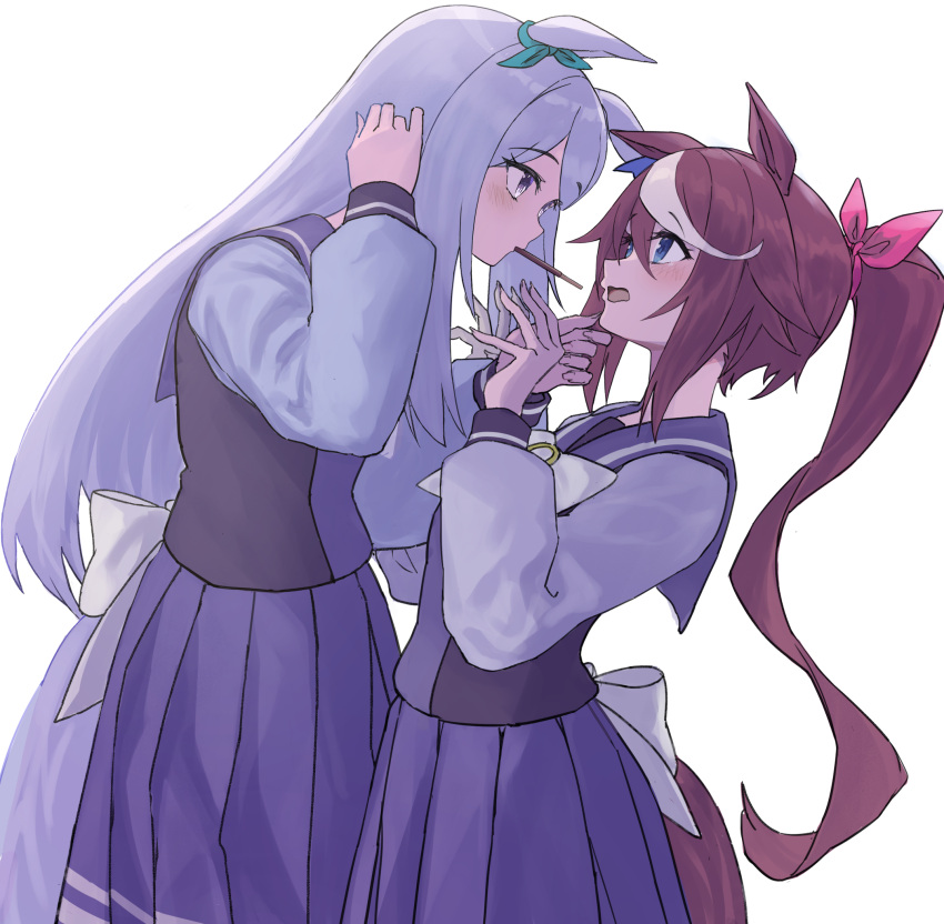 2girls animal_ears bangs blue_eyes blush bow bowtie brown_hair ear_bow eye_contact food hand_on_another's_chin highres horse_ears horse_girl horse_tail icebell_(kourisuzuu) long_hair long_sleeves looking_at_another mejiro_mcqueen_(umamusume) mouth_hold multicolored_hair multiple_girls open_mouth pocky pocky_kiss ponytail purple_hair purple_shirt purple_skirt sailor_collar school_uniform shirt sideways_mouth skirt streaked_hair tail tokai_teio_(umamusume) tracen_school_uniform umamusume violet_eyes yuri