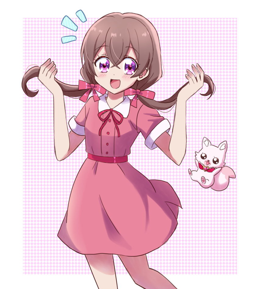 1girl absurdres bangs brown_hair collared_dress delicious_party_precure dress hakuchuu highres kome-kome_(precure) long_hair nagomi_yui open_mouth pink_dress precure short_sleeves smile solo twintails violet_eyes