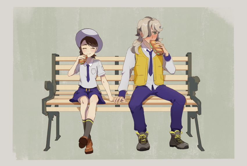1boy 1girl arven_(pokemon) bench blush boots brown_footwear closed_eyes closed_mouth collared_shirt commentary_request eating eyelashes food hand_up hat hetero highres holding holding_food holding_hands juliana_(pokemon) lettuce long_hair long_sleeves morino_(exru8724) necktie open_clothes open_vest pants pokemon pokemon_(game) pokemon_sv purple_pants purple_shorts shirt shoes short_sleeves shorts sitting smile socks vest yellow_vest