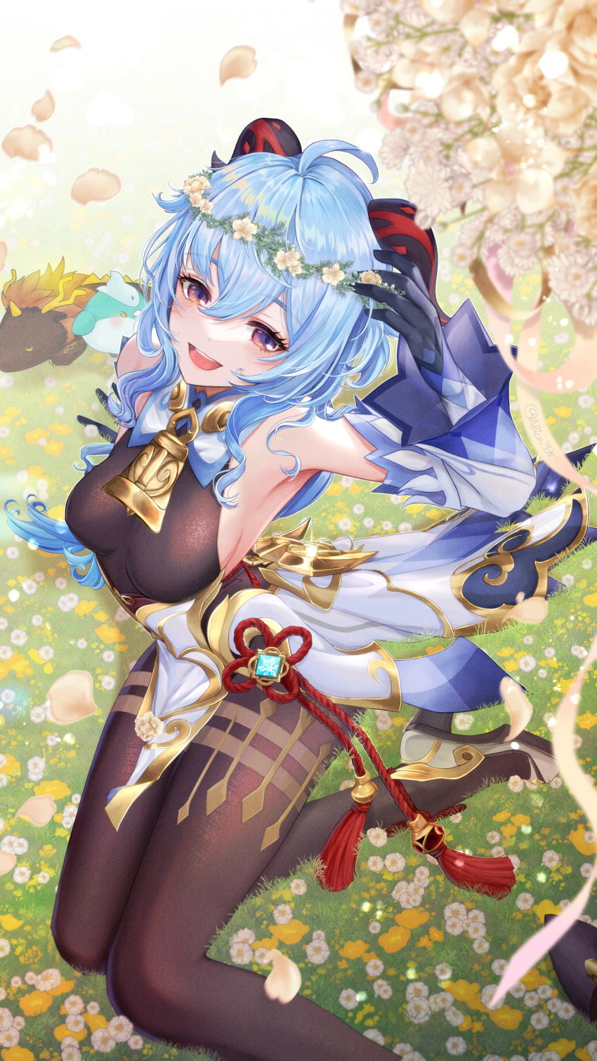 1girl absurdres ahoge alice39r bangs bare_shoulders bell black_pantyhose blue_hair blush breasts chinese_knot detached_sleeves flower flower_knot ganyu_(genshin_impact) genshin_impact gold_trim hair_flower hair_ornament head_wreath high_heels highres horns long_hair looking_at_viewer looking_up medium_breasts neck_bell open_mouth pantyhose rex_lapis_(genshin_impact) sidelocks sitting smile solo tassel teeth thighlet upper_teeth violet_eyes vision_(genshin_impact) waist_cape white_flower white_sleeves yokozuwari