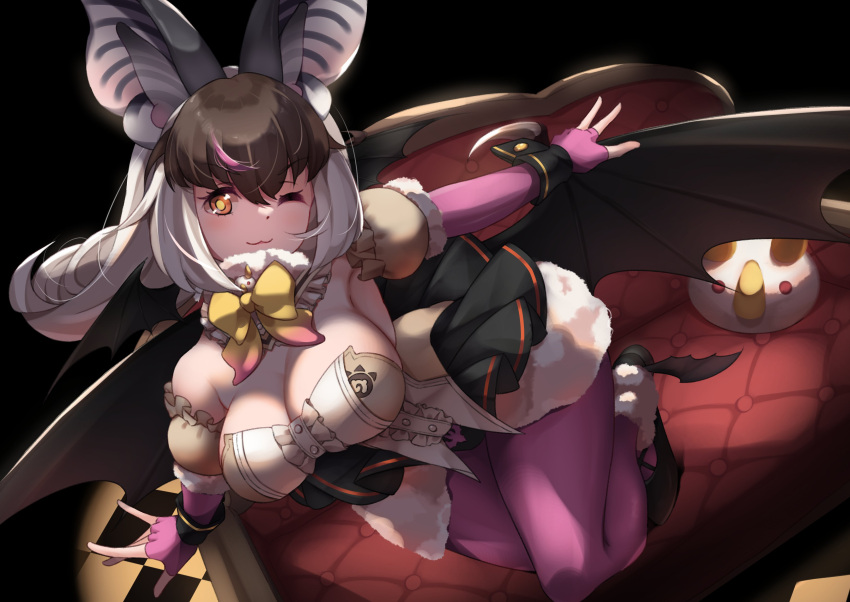 1girl absurdres akitsu_tombo animal_costume animal_ears bat_ears bat_girl bat_wings bow bowtie brown_eyes brown_hair brown_long-eared_bat_(kemono_friends) couch elbow_gloves extra_ears fingerless_gloves gloves grey_hair highres kemono_friends kemono_friends_v_project leotard long_hair looking_at_viewer multicolored_hair pantyhose scarf shoes skirt solo virtual_youtuber wings