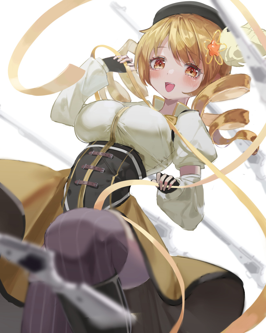 1girl absurdres black_footwear black_gloves blonde_hair blurry blush boots breasts brown_skirt corset depth_of_field detached_sleeves drill_hair dutch_angle fingerless_gloves gloves gun highres knee_boots large_breasts looking_at_viewer magical_musket mahou_shoujo_madoka_magica rerendi ribbon skirt smile solo teeth thigh-highs thighs tomoe_mami upper_teeth weapon white_background