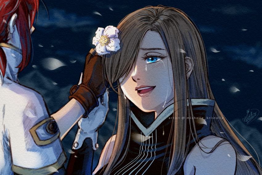 1boy 1girl bangs bare_shoulders blue_eyes brown_gloves brown_hair detached_sleeves dress eyelashes falling_petals flower gloves hair_flower hair_ornament hair_over_one_eye hand_on_another's_hand happy happy_tears high_collar highres holding holding_flower jacket lips long_hair looking_at_another luke_fon_fabre michelle_kristolia night night_sky open_mouth petals redhead short_hair sidelocks sky sleeveless sleeveless_dress smile tales_of_(series) tales_of_the_abyss tear_grants tears white_flower white_gloves white_jacket