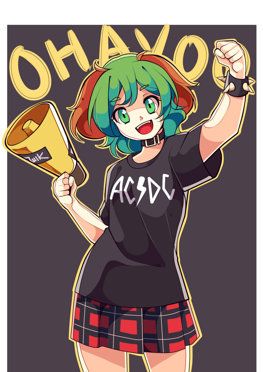 1girl :d absurdres ac/dc animal_ears arm_up black_collar black_shirt bracelet breasts clothes_writing collar cowboy_shot dog_ears green_eyes green_hair grey_background highres holding holding_megaphone jewelry kasodani_kyouko megaphone miniskirt mujib plaid plaid_skirt red_skirt shirt short_hair skirt small_breasts smile solo spiked_bracelet spikes t-shirt touhou