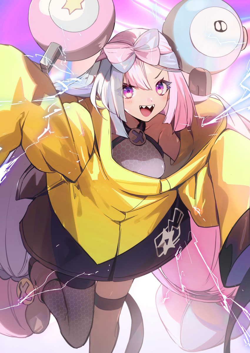 1girl absurdres bow-shaped_hair character_hair_ornament grey_pantyhose hair_ornament hexagon_print highres iono_(pokemon) jacket long_hair low-tied_long_hair multicolored_hair no-kan oversized_clothes pantyhose pokemon pokemon_(game) pokemon_sv sharp_teeth single_leg_pantyhose sleeves_past_fingers sleeves_past_wrists solo split-color_hair teeth twintails very_long_sleeves x yellow_jacket