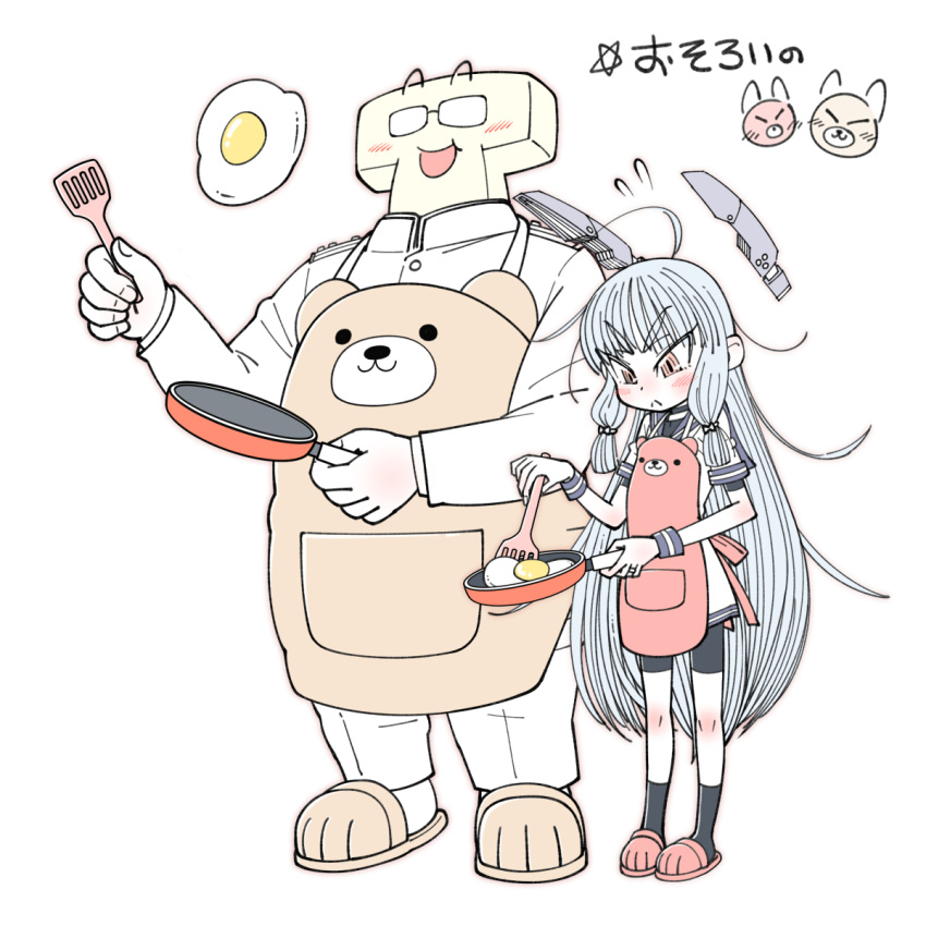 1boy 1girl ahoge apron black_shirt black_shorts black_socks blue_sailor_collar dress egg_(food) epaulettes floating_headgear food frying_pan grey_hair hair_ribbon headgear highres kantai_collection long_hair long_sleeves military military_uniform murakumo_(kancolle) red_ribbon ribbon sailor_collar sailor_dress shin_(shin_k009) shirt short_sleeves shorts sidelocks socks t-head_admiral translation_request tress_ribbon uniform