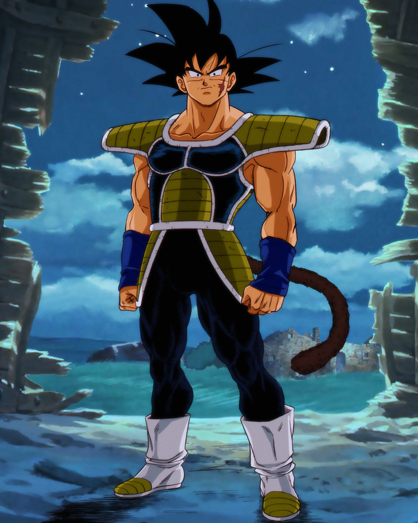 1boy absurdres armor bardock black_hair boots clenched_hands clouds commentary derivative_work dragon_ball dragon_ball_super full_body highres looking_at_viewer male_focus manga_panel_redraw monkey_tail night night_sky saiyan_armor salvamakoto scar scar_on_cheek scar_on_face sky solo spanish_commentary spiky_hair standing tail