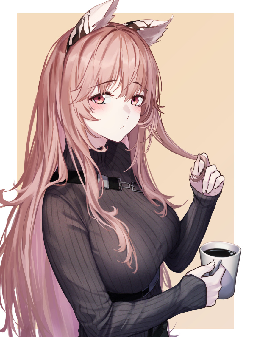 1girl 3_small_spiders absurdres animal_ears bangs breasts coffee coffee_mug commentary_request cup girls'_frontline_neural_cloud girls_frontline highres holding holding_cup large_breasts long_hair long_sleeves looking_at_viewer mug persicaria_(girls'_frontline_nc) pink_eyes pink_hair playing_with_own_hair ribbed_sweater simple_background solo sweater upper_body