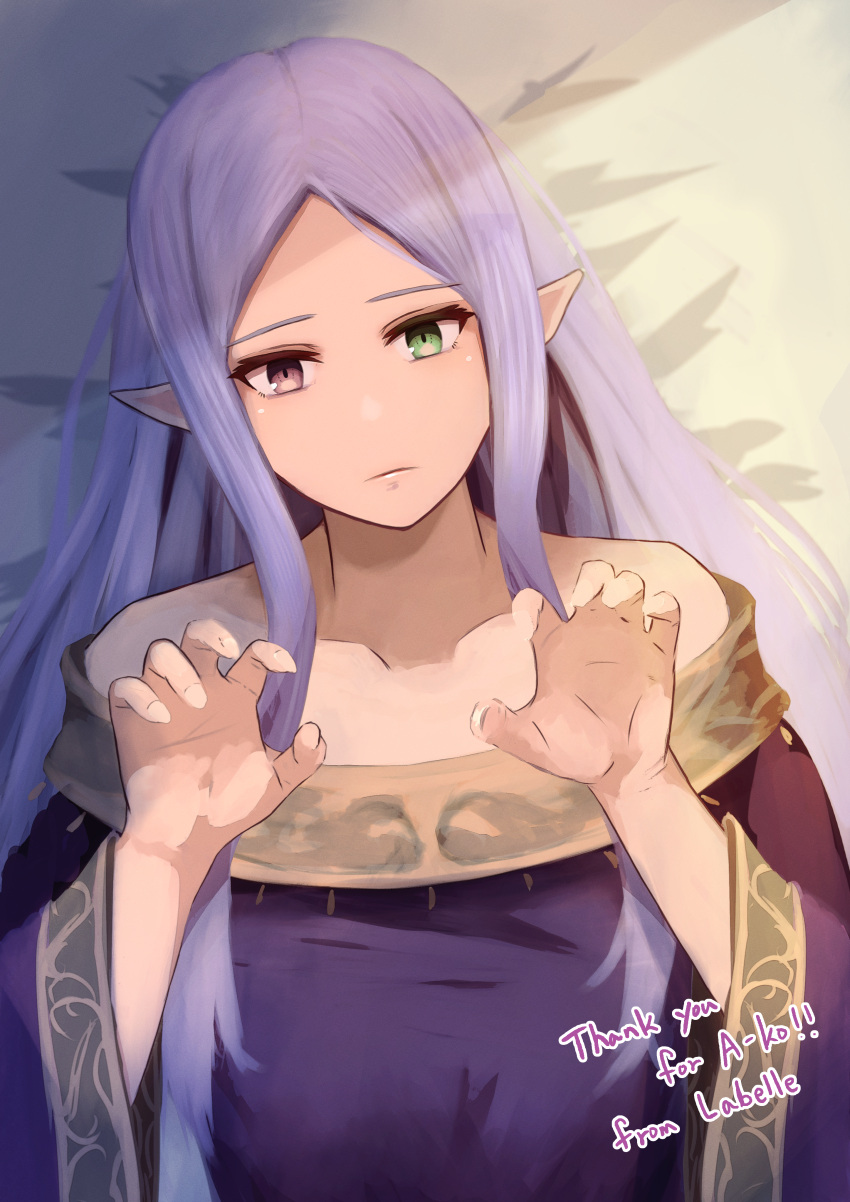1girl absurdres bangs claw_pose closed_mouth collarbone fire_emblem fire_emblem:_the_binding_blade frown green_eyes hands_up heterochromia highres idunn_(fire_emblem) labebebe_lee light_purple_hair long_hair long_sleeves looking_at_viewer off_shoulder parted_bangs pink_eyes pointy_ears solo wide_sleeves
