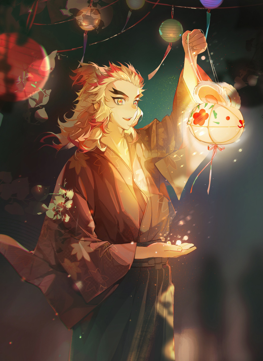 1boy absurdres arm_up black_hakama blonde_hair blurry chinese_commentary commentary_request cowboy_shot depth_of_field floral_print forked_eyebrows from_side hair_pulled_back hakama hakama_skirt haori highres holding holding_lantern japanese_clothes kimetsu_no_yaiba lantern leaf light_particles lilihehongcha looking_ahead male_focus medium_hair multicolored_hair night open_mouth orange_hair outdoors paper_lantern rengoku_kyoujurou skirt smile solo standing streaked_hair summer_festival thick_eyebrows topknot two-tone_hair wide_sleeves wind yellow_eyes