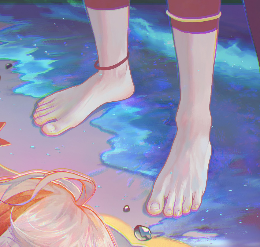 1boy anklet barefoot commentary english_commentary feet feet_only foot_focus genshin_impact highres jewelry kaedehara_kazuha male_focus qiangu2021 toenails toes water