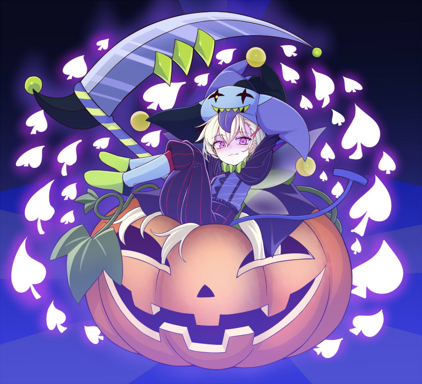 1girl :3 alternate_costume blonde_hair closed_mouth clownpiece club_(shape) cosplay deltarune green_footwear hair_ornament hat highres jack-o'-lantern jevil jevil_(cosplay) legs_up looking_at_viewer pants scythe shoes sitting smile solo striped striped_pants touhou violet_eyes x_hair_ornament yassy