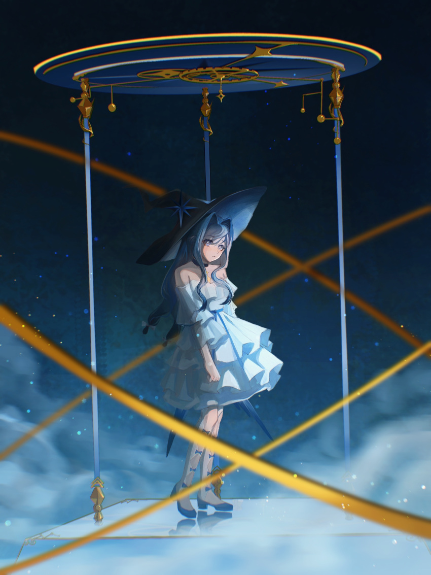 1girl absurdres alternate_costume argyle argyle_cutout arknights astesia_(arknights) bare_shoulders blue_eyes blue_hair bow clothing_cutout clouds dress expressionless frilled_dress frills from_side full_body gears high_heels highres mianshuang orbital_ring orrery sky solo standing star_(sky) starry_sky white_dress