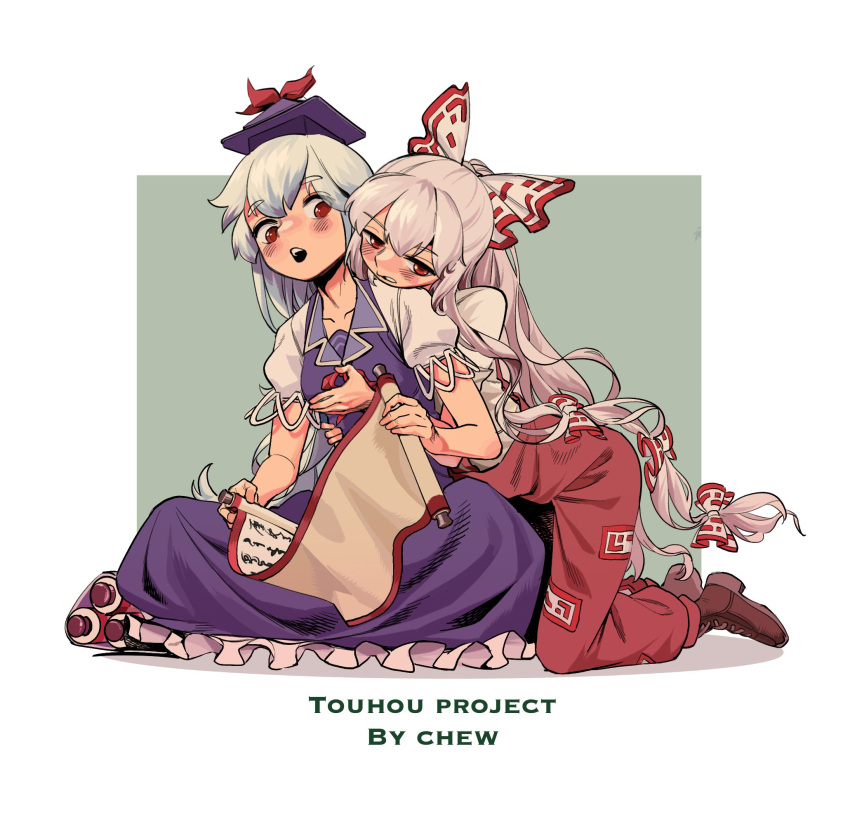 2girls artist_name bangs blue_dress blue_headwear blush_stickers boots bow brown_footwear chenwei_jun chinese_commentary collarbone commentary_request copyright_name dress frilled_dress frills fujiwara_no_mokou full_body grey_hair hair_bow half-closed_eyes half_updo hand_on_another's_chest head_on_another's_shoulder highres holding holding_scroll kamishirasawa_keine long_dress long_hair multiple_girls multiple_hair_bows neckerchief open_mouth pants ponytail puffy_short_sleeves puffy_sleeves red_eyes red_neckerchief red_pants scroll shirt short_sleeves suspenders touhou very_long_hair white_shirt yuri