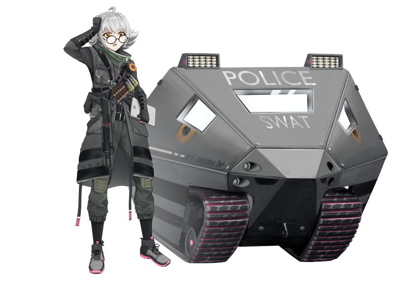 1girl arm_up caterpillar_tracks commission english_commentary fingerless_gloves full_body glass gloves grey_hair ground_vehicle gun haonfest highres knee_pads long_sleeves looking_ahead mecha military military_vehicle motor_vehicle orange_eyes original robot shotgun simple_background solo standing tactical_clothes techwear weapon white_background